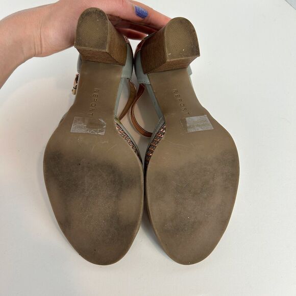 Report Meg T Strap Heels Woven Gray & Metallic Rose Gold Open Toe Block Heel 8 - Picture 8 of 11